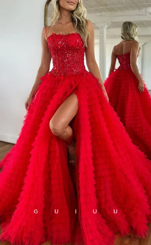 G2776 - Chic & Modern A-Line Ball Gown Sequins Straps Red Prom Evening Dress Tunics Office stylish