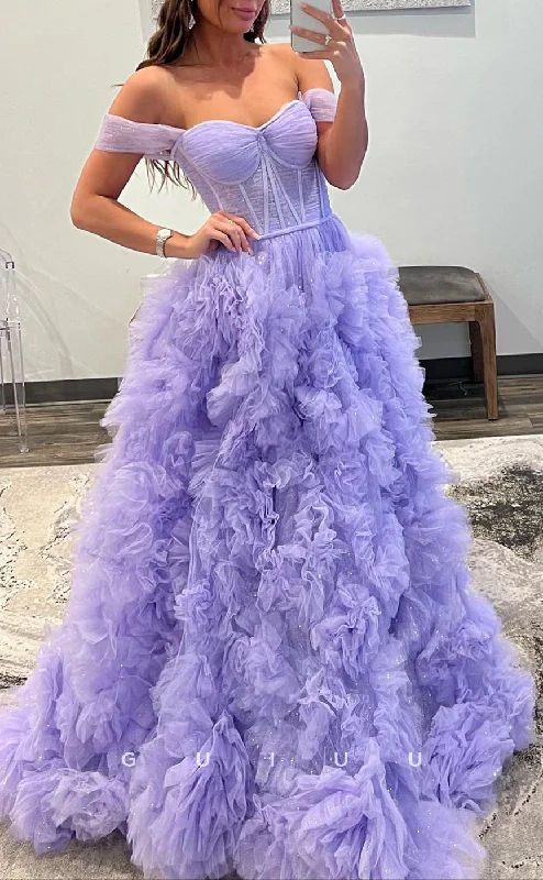 G2780 - Chic & Modern Off-Shoulder Glitter Tulle Ball Gown Long Prom Evening Dress Tunics Hiking breathable