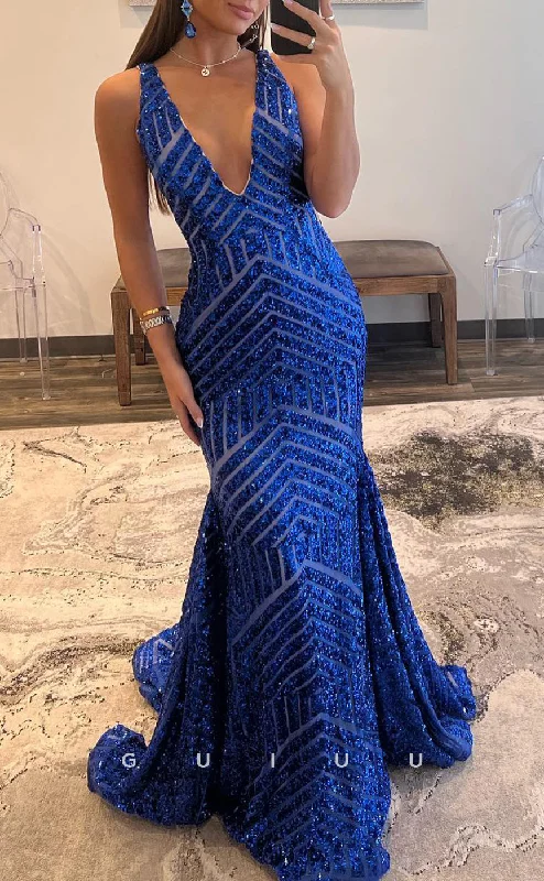 G2781 - Chic & Modern V-Neck Mermaid Sequins Blue Long Prom Evening Dress Tunics Sale discount G2781 - Chic & Modern V-Neck Mermaid Sequins Blue Long Prom Evening Dress Tunics Sale discount