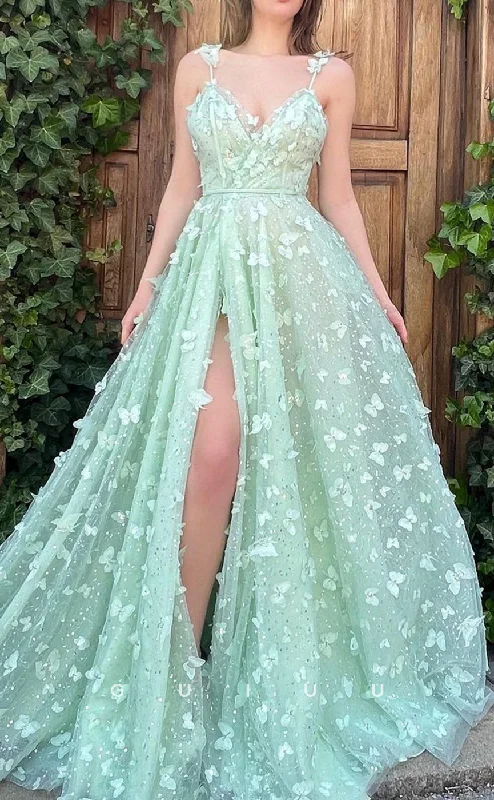 G2787 - Elegant A-Line V-Neck Sheer Floral Embossed Tulle Long Prom Evening Dress Tunics Leisure comfortable