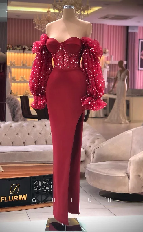 G2794 - Chic & Modern Sparkle Off-Shoulder Puffy Sleeves Long Prom Evening Dress Tunics Short Trendy G2794 - Chic & Modern Sparkle Off-Shoulder Puffy Sleeves Long Prom Evening Dress Tunics Short Trendy