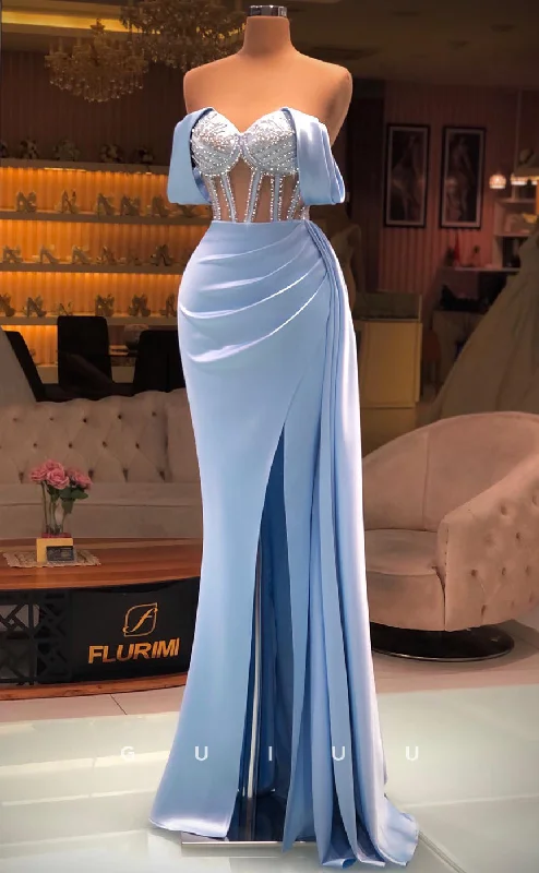 G2807 - Chic & Modern Off-Shoulder Beaded Sheer Ruched Long Prom Evening Dress empire Waist empire G2807 - Chic & Modern Off-Shoulder Beaded Sheer Ruched Long Prom Evening Dress empire Waist empire