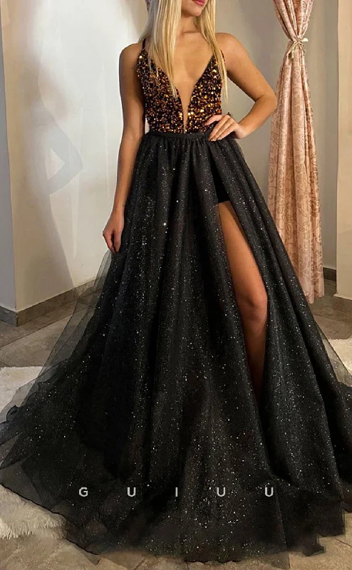 G2809 - A-Line Glitter V-Neck Straps Two Piece Tulle Prom Evening Dress Pencil Length Work G2809 - A-Line Glitter V-Neck Straps Two Piece Tulle Prom Evening Dress Pencil Length Work