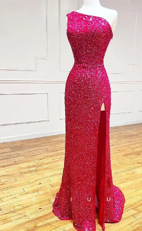 G2814 - One Shoulder Sequins Red Lace Up Prom Evening Dress With Slit Lace Sexy Club G2814 - One Shoulder Sequins Red Lace Up Prom Evening Dress With Slit Lace Sexy Club
