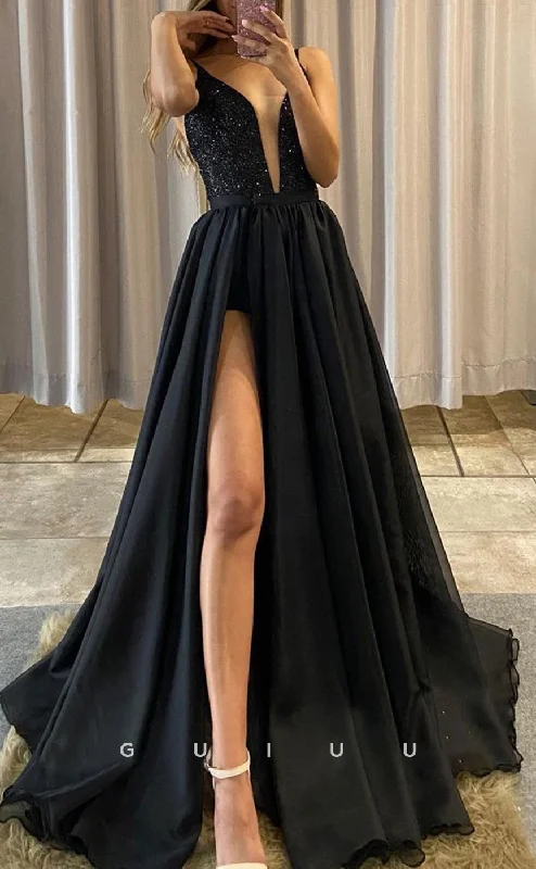 G2825 - A-Line Glitter V-Neck Two Piece Tulle Black Long Prom Evening Dress Tunics Trendy modern G2825 - A-Line Glitter V-Neck Two Piece Tulle Black Long Prom Evening Dress Tunics Trendy modern