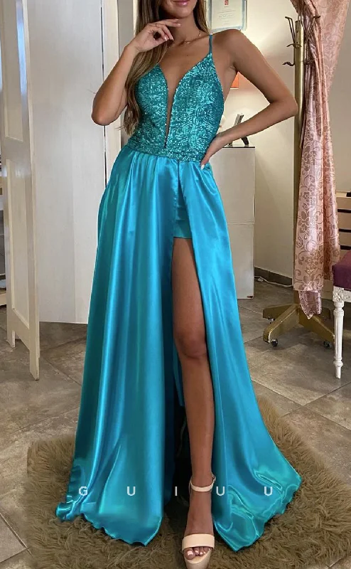 G2828 - A-Line Glitter V-Neck Spaghetti Straps Two Piece Satin Prom Evening Dress Tunics Recommended stylist G2828 - A-Line Glitter V-Neck Spaghetti Straps Two Piece Satin Prom Evening Dress Tunics Recommended stylist