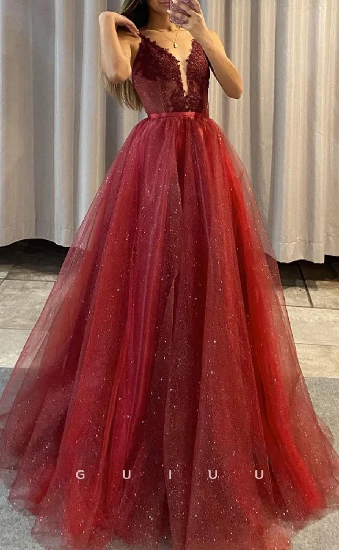 G2831 - Chic & Modern Glitter A-Line V-Neck Lace Tulle Burgundy Prom Evening Dress Tunics Exclusive limited G2831 - Chic & Modern Glitter A-Line V-Neck Lace Tulle Burgundy Prom Evening Dress Tunics Exclusive limited
