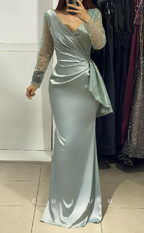 G2843 - Elegant & Fitted V-Neck Beaded Ruched Long Sleeves Prom Evening Dress Tunics Travel practical G2843 - Elegant & Fitted V-Neck Beaded Ruched Long Sleeves Prom Evening Dress Tunics Travel practical