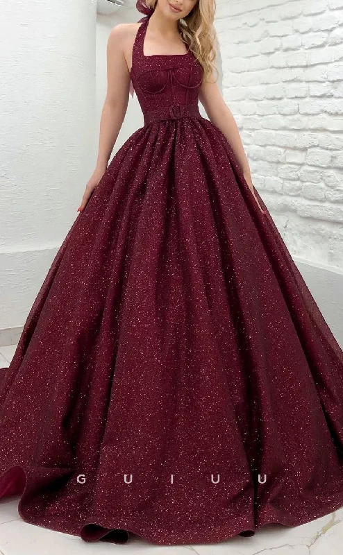 G2854 - Classic & Timeless Glitter A-Line Halter Burgundy Long Prom Evening Dress Tunics Mesh breathable G2854 - Classic & Timeless Glitter A-Line Halter Burgundy Long Prom Evening Dress Tunics Mesh breathable