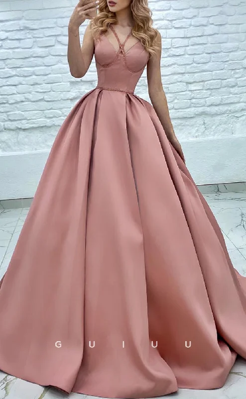 G2855 - Classic & Timeless A-Line V-Neck Satin Pink Long Prom Evening Dress Tunics Lace romantic G2855 - Classic & Timeless A-Line V-Neck Satin Pink Long Prom Evening Dress Tunics Lace romantic