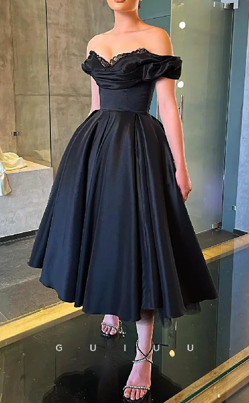 G2863 - Classic & Timeless A-Line Lace Off-Shoulder Satin Black Prom Evening Dress Boat Neckline Classic G2863 - Classic & Timeless A-Line Lace Off-Shoulder Satin Black Prom Evening Dress Boat Neckline Classic