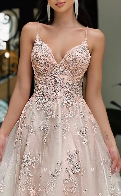 G2864 - Elegant & Luxurious V-Neck Straps Applique Tulle Pink Long Prom Evening Dress Boatneck Modish Everyday G2864 - Elegant & Luxurious V-Neck Straps Applique Tulle Pink Long Prom Evening Dress Boatneck Modish Everyday