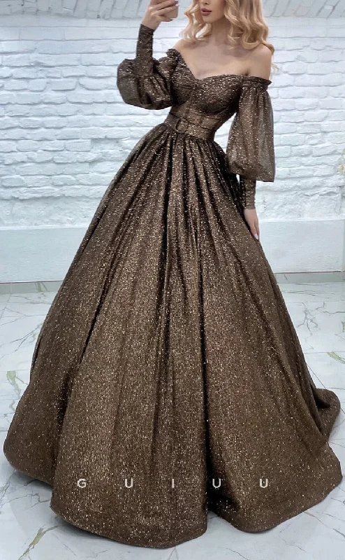 G2866 - Elegant & Luxurious A-Line Off-Shoulder Glitter Long Sleeves Prom Evening Dress A-Line Day Work G2866 - Elegant & Luxurious A-Line Off-Shoulder Glitter Long Sleeves Prom Evening Dress A-Line Day Work