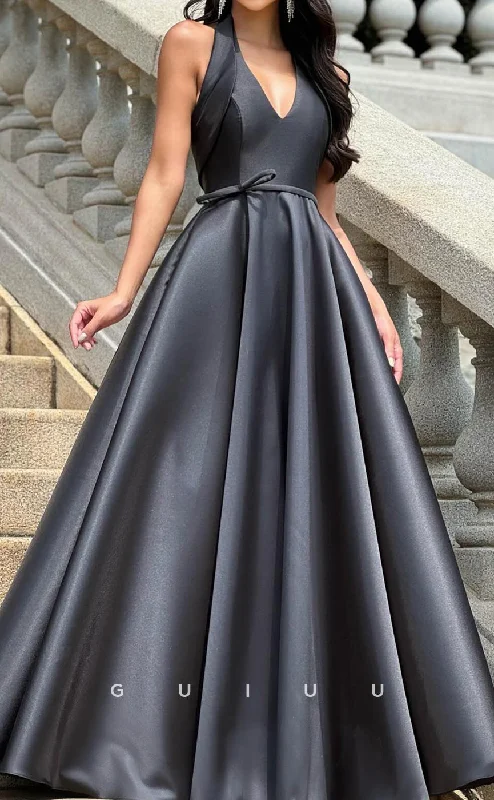 G2955 - A-Line V Neck Halter Sleeveless Stain Black Long Prom Party Dress High-Low Hemline Casual G2955 - A-Line V Neck Halter Sleeveless Stain Black Long Prom Party Dress High-Low Hemline Casual