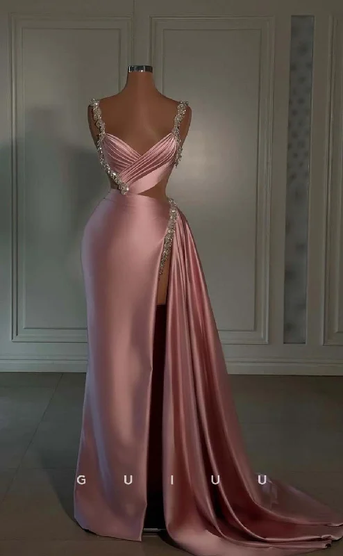 G3283 - Chic & Modern Beaded Straps Pleats Long Party Prom Evening Dresses With Slit Lace Sexy Club G3283 - Chic & Modern Beaded Straps Pleats Long Party Prom Evening Dresses With Slit Lace Sexy Club