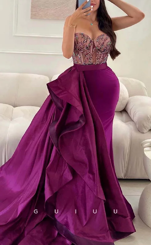 G3300 - Chic & Modern Beaded Sheer Strapless Satin Train Party Prom Evening Dresses Tunics stripes playful G3300 - Chic & Modern Beaded Sheer Strapless Satin Train Party Prom Evening Dresses Tunics stripes playful