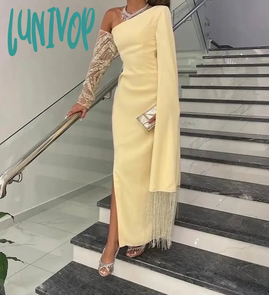 Lunivop Arabic-Muslim One Shoulder Evening Dresses 2024 Sexy Mermaid Long with Tassel Sleeve Party Gown for Women vestidos de fiesta Tunics Leisure comfortable