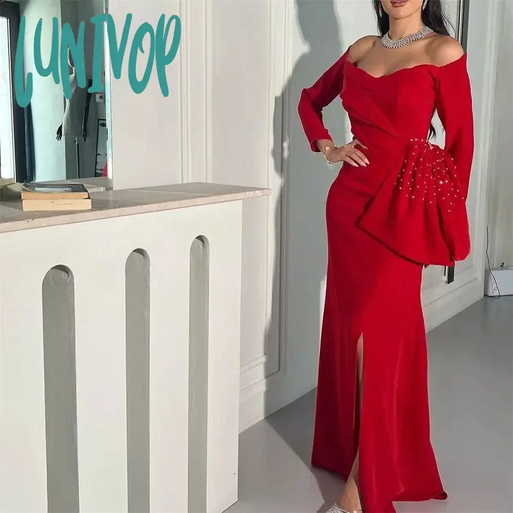 Lunivop Beaed Sequins Pleat Evening Dresses with Long Sleeve Floor-Length Sexy Mermaid Party Gown Dubai Arab Ruffles 2024 for Women Tunics Satin smooth