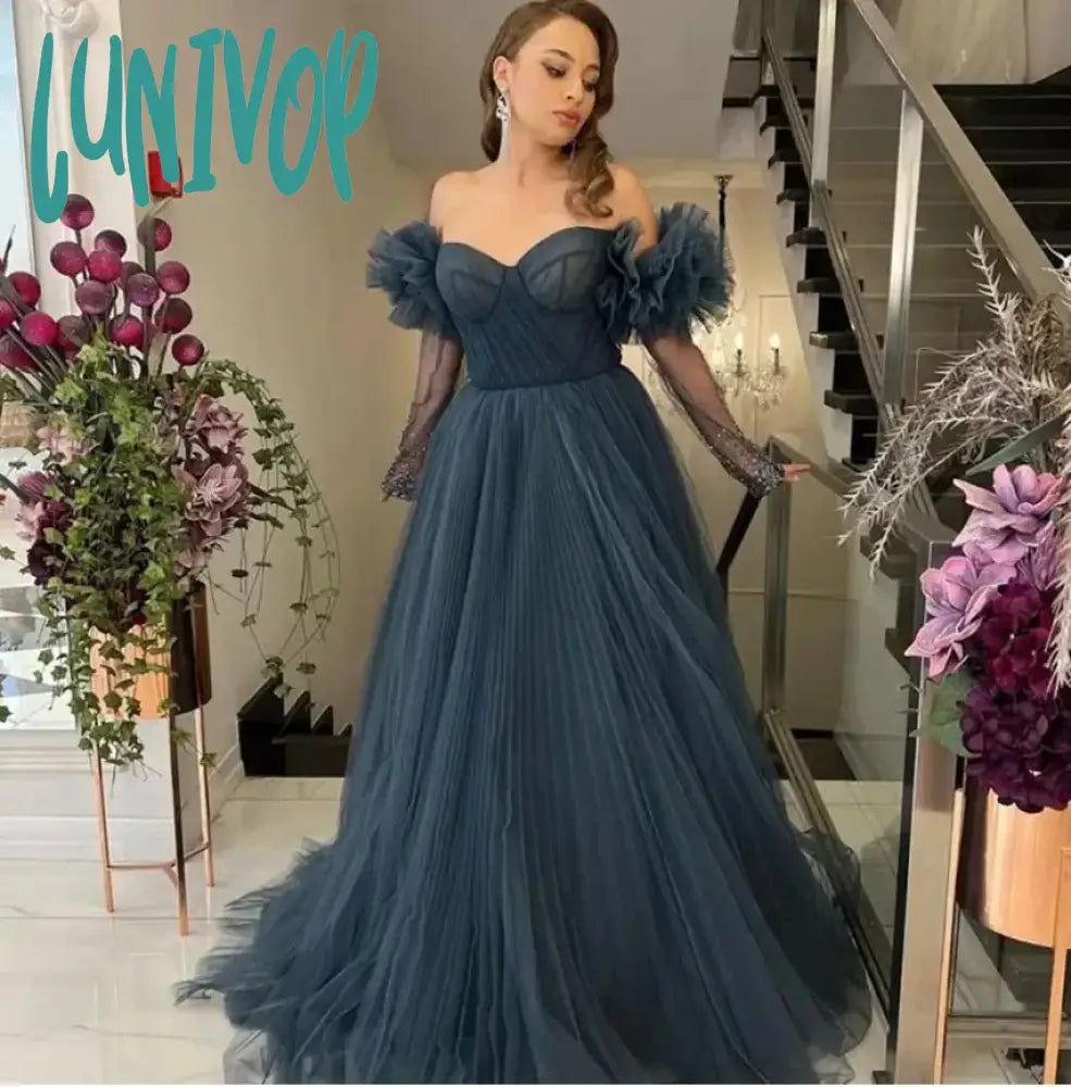 Lunivop Dark Grey Sweetheart Prom Dresses Off Shoulder Tulle Evening Dress  2024 Women Long A Line Party Gown Dress Turtleneck Neckline Stylish