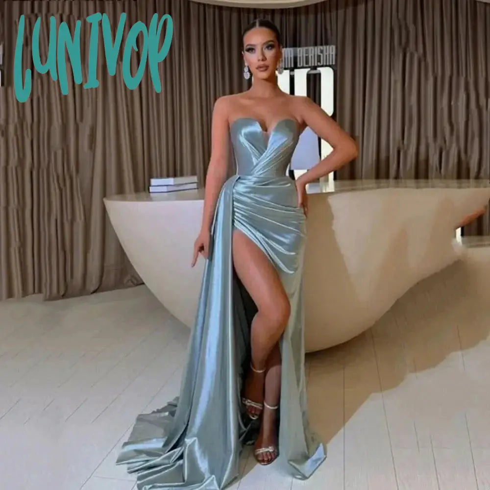 Lunivop Elegant Off the Shoulder Satin Evening Dresses Sexy Mermaid Side Split Floor-Length Prom Gowns 2024 Dubai Arab Sweep Court Tunics Chic elegant