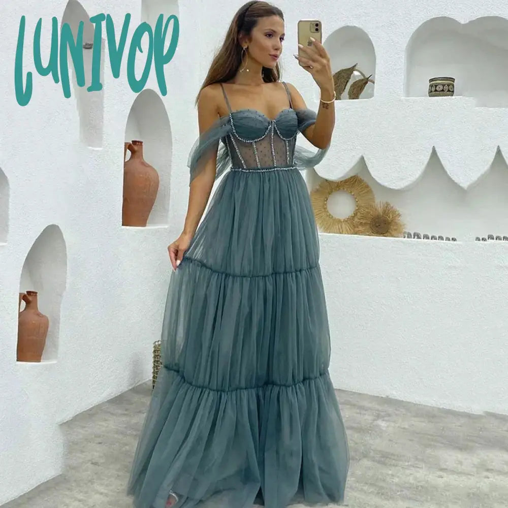 Lunivop Elegant Spaghetti Strap Tulle Prom Dresses Crystal Tiered Evening Dress 2024 Girls Slim Party Ball Dress sweetheart Neckline Romantic