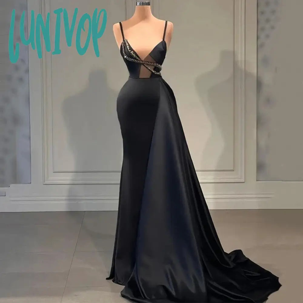 Lunivop Elegant Spaghetti Straps Evening Dresses Floor-Length Sexy Mermaid Beading Evening Gown Custom Prom Gowns with Sweep Court 2024 Tunics Short Trendy