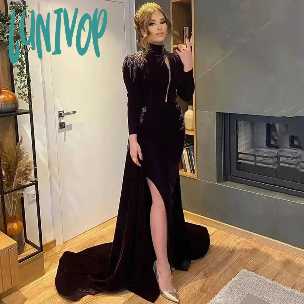 Lunivop Fashion Arabic High Neck Evening Dresses Sexy Mermaid Side Slit Court Party Gown Velvet Floor-Length Beading vestidos Sale Tunics Spring floral