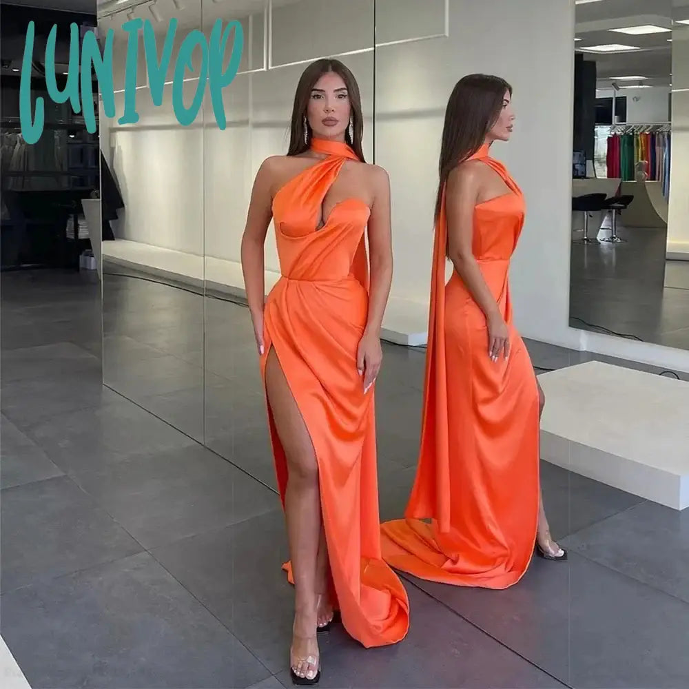 Lunivop Glamorous Pleat Evening Dresses Sexy Mermaid Side Split Floor-Length Party Gown 2024 for Women Satin Dubai Arab for Women Sequined Elegant Party