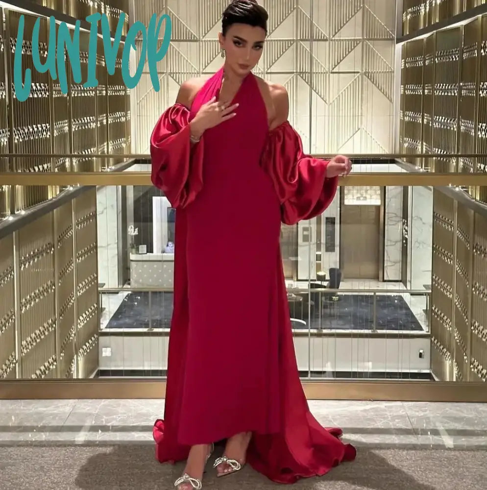 Lunivop Halter Neck Arabic-Muslim Evening Dresses 2024 Sexy Mermaid Long Robes with Removable Puff Sleeve Party Gown for Women vestidos Tunics Stylish elegant