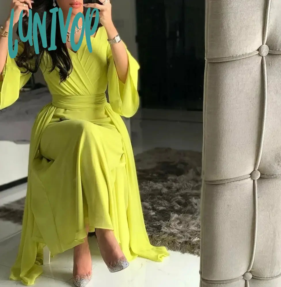 Lunivop Long Sleeve Arabic-Muslim Pleat Evening Dresses Floor-Length Sexy Mermaid Chiffon Party Gown Chiffon Custom Made robes de Tunics Practical easy-care