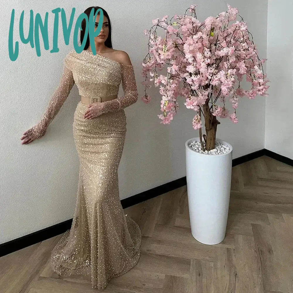 Lunivop Luxury Beaded Pleat Evening Dresses for Women Floor-Length Sexy Mermaid with Belt Prom Gowns Removable Sleeve vestidos Sale Tunics Favorite customer