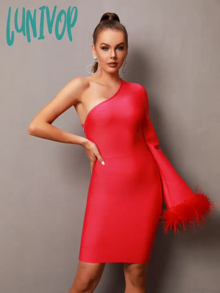 Lunivop New Arrival Women Summer Sexy One Shoulder Feather Hot Pink Mini Bodycon Bandage Dress  Elegant Evening Club Party Dress Tunics Fleece cozy