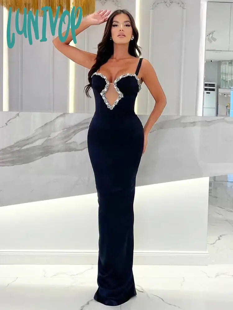 Lunivop New Fashion Sexy V-Neck Crystal Diamond Evening Dress Tight Long Bandage Dress Elegant Evening Party Club Dresses Vestido Robes High-Low Hemline Casual