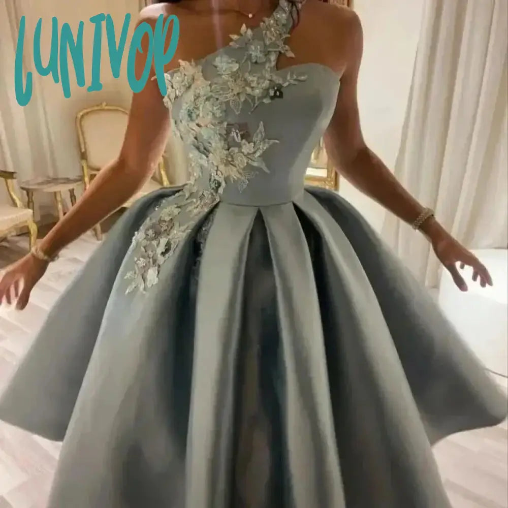 Lunivop One Shoulder Pleats Satin Evening Dresses Floral Applique Short Prom Gowns Custom Sleeveless Saudi Arab 2024 for Women robes Tunics Sophisticated sleek