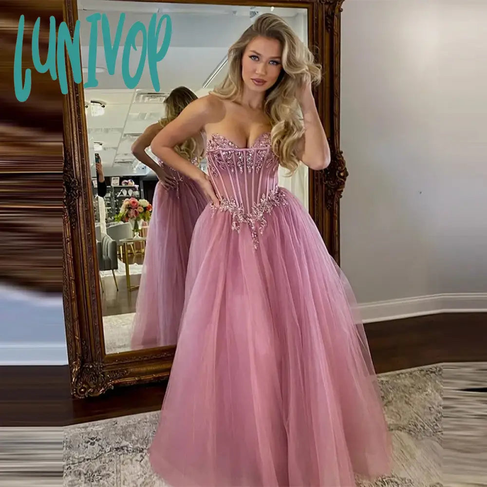 Lunivop Pink Sweetheart Prom Dresses Crystal Mesh Evening Dress 2024 Slim Girls Princess Party Gown Dress Tunics Plaid country