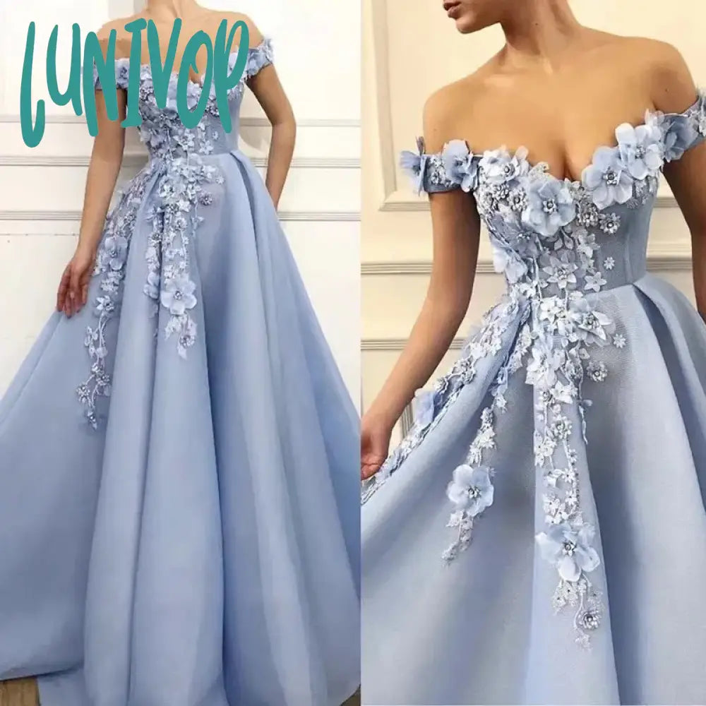 Lunivop Private Custom Elegant Blue Women's Evening Dress With 3D Flowers Off-Shoulder Pearl Fold Heavy Hand Custom Prom Party Dress Tunics Chic fashionable