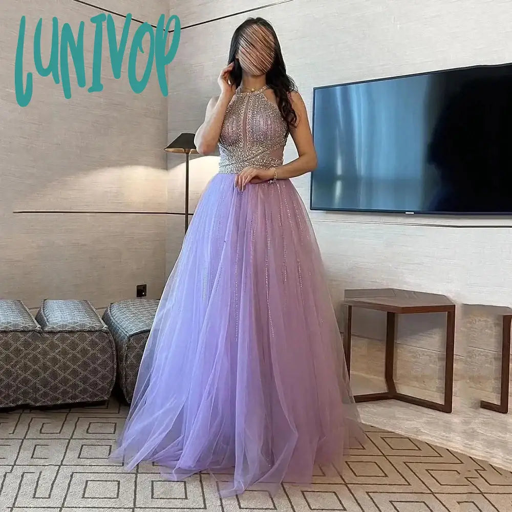 Lunivop Purple Shiny Tulle Sequin Prom Dresses Halter A Line Pleated Evening Dress 2024 Girls Party Gown Dress Tunics Fall fleece