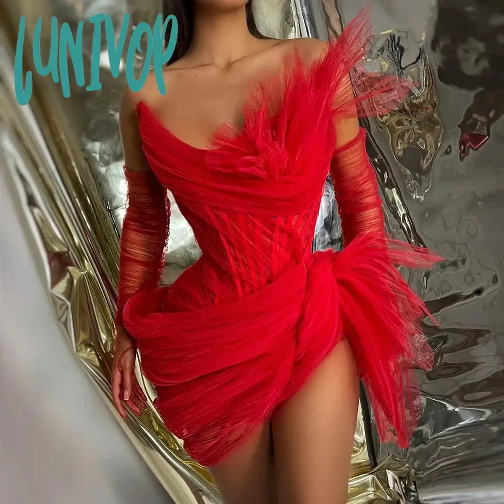 Lunivop Sexy Asymmetrical Mini Cocktail Dresses with Gloves Ruched Strapless Short Women Cocktail Party Dresses to Birthday Prom Red New Tunics Cozy soft