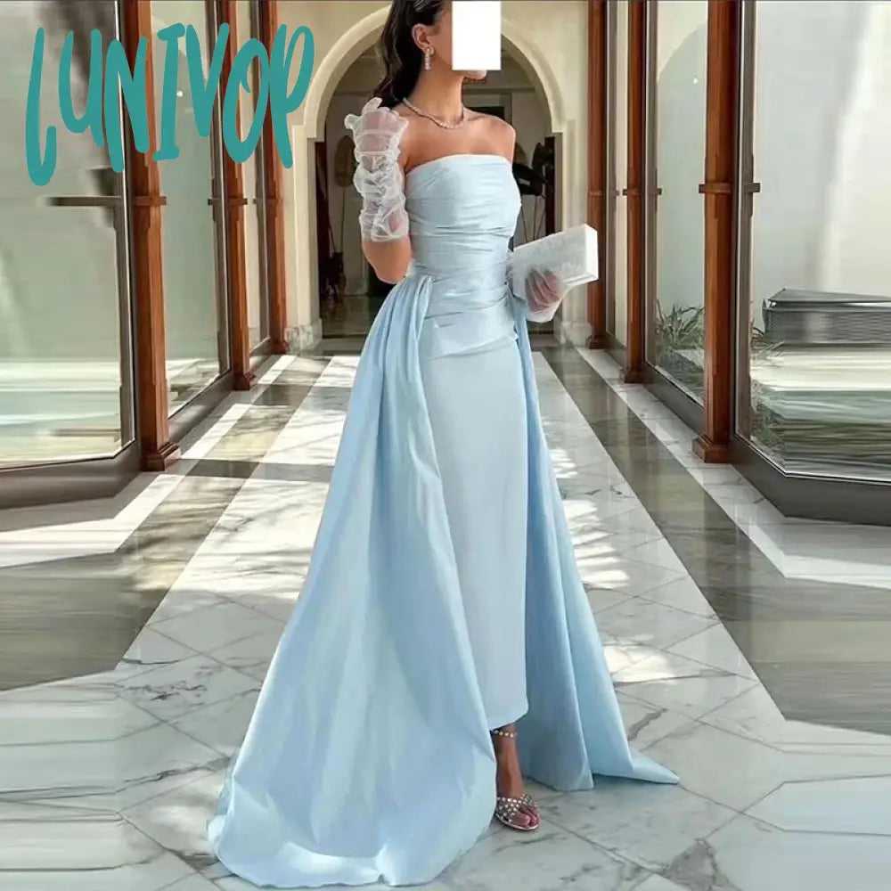 Lunivop Simple Strapless Satin Evening Dresses Sexy Ankle-Length Mermaid Prom Gowns with Court Custom Pleated Dubai Arab Tunics Designer luxury