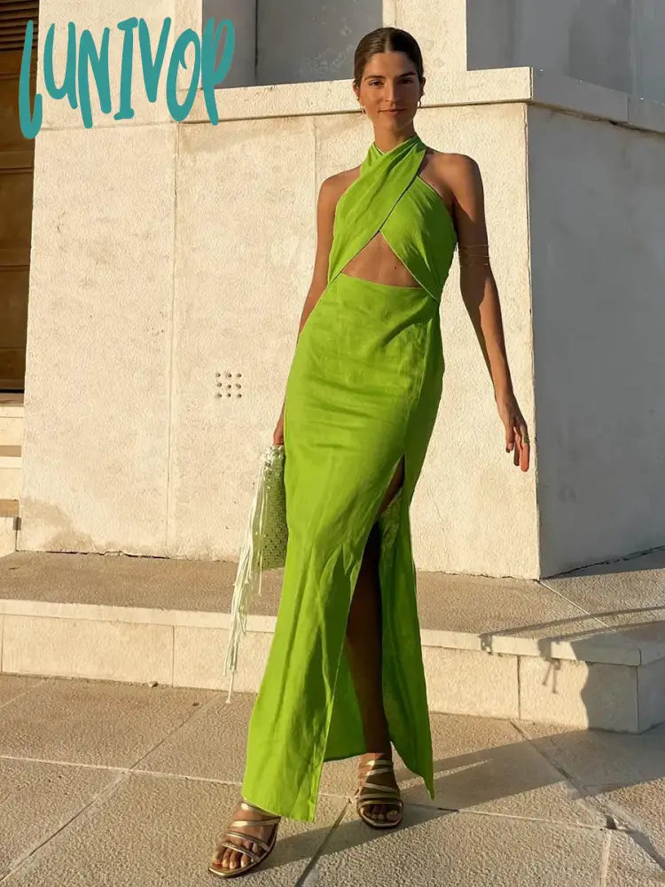 Lunivop Solid Fashion Long Dresses For Women Cut Out Sleeveless Halter Elegant Evening Party Dress Summer Chic Simple Split Vestido Tunics Wedding white Lunivop Solid Fashion Long Dresses For Women Cut Out Sleeveless Halter Elegant Evening Party Dress Summer Chic Simple Split Vestido Tunics Wedding white