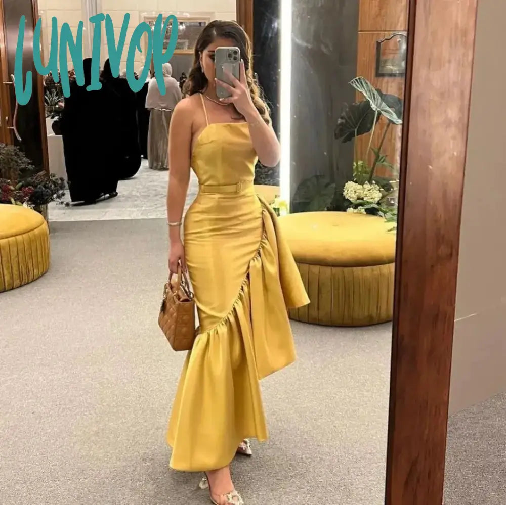 Lunivop Spaghetti Straps Boat Neck Evening Dresses 2024 for Women Floor-Length Sexy Mermaid Prom Gowns Tiered Ruffles Arab robes de Tunics Versatile stylish