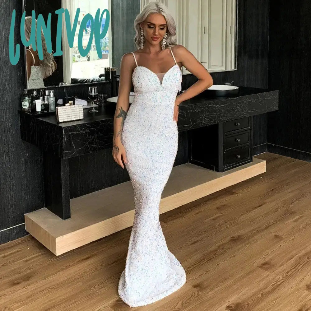 Lunivop Spaghetti Straps Sequins Sparkle Floor-Length Wedding Evening Dress Sexy Mermaid Court Party Gown Arab Custom Tunics Sophisticated sleek