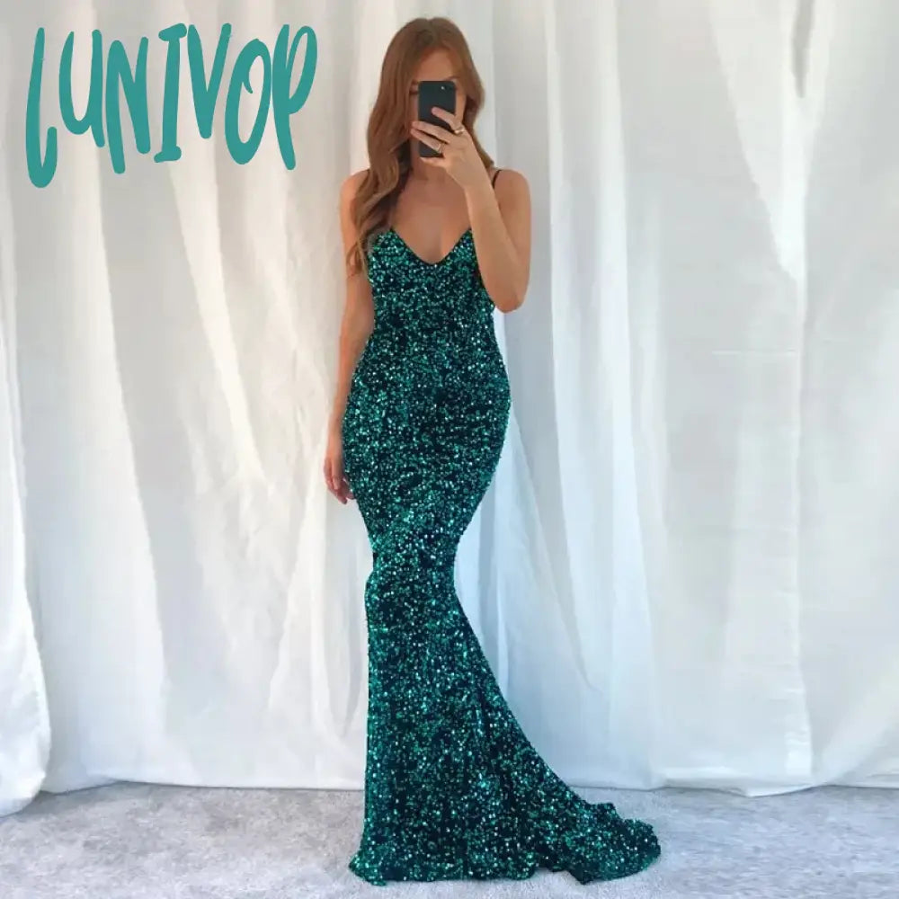 Lunivop Sparkle Sequins Spaghetti Straps Evening Dresses Sexy Floor-Length Mermaid Party Gown Court Arab Custom 2024 for Women vestidos Tunics Winter warm