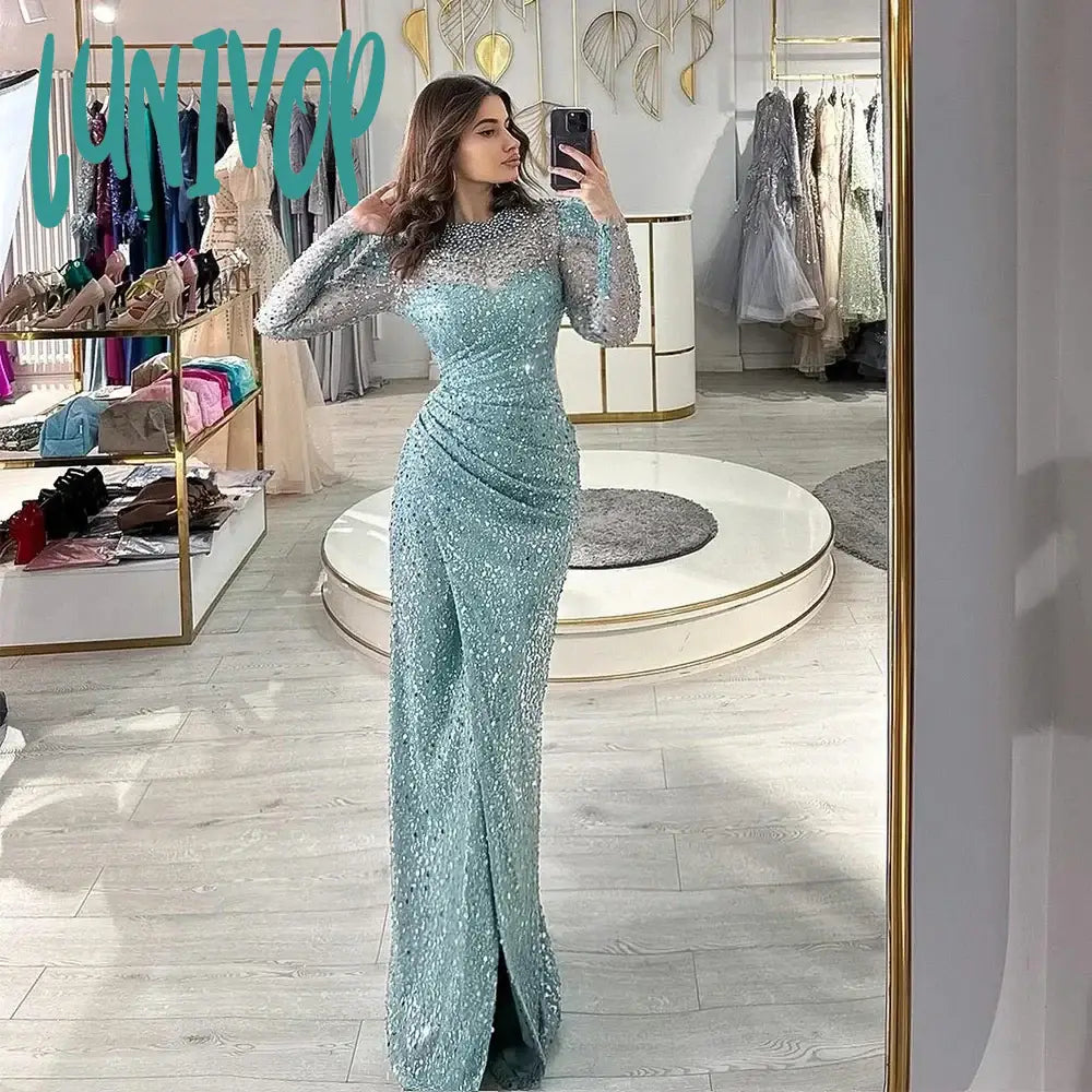 Lunivop Sparkly Beads Sequins Evening Dresses 2024 Sexy Floor-Length Mermaid Party Gown with Long Sleeve Dubai Arab for Women robes de Tunics Evening elegant