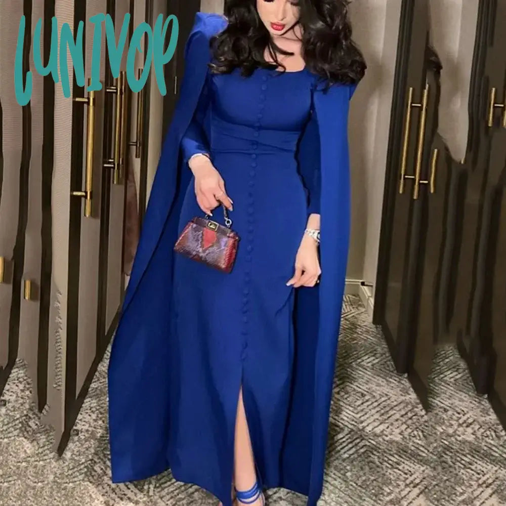 Lunivop Square Collar Royal Blue Evening Dresses Sexy Floor-Length Mermaid Party Gown with Cape Arab Button Custom 2024 for Women Tunics Cozy soft