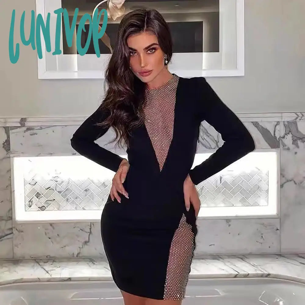 Lunivop  Summer New Women Sexy V-Neck Mesh Diamond Long Sleeve Bodycon Bandage Dress Fashion Evening Club Party Dresses Vestido Robe Tunics Top rated