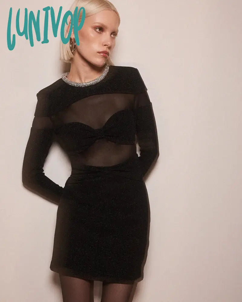 Lunivop Women Elegant Black Long Sleeved O-Neck Bow Mesh Patchwork Fashion Bodycon Mini Dress Birthday Evening Cocktail Party Dresses High-Low Hemline Casual Lunivop Women Elegant Black Long Sleeved O-Neck Bow Mesh Patchwork Fashion Bodycon Mini Dress Birthday Evening Cocktail Party Dresses High-Low Hemline Casual