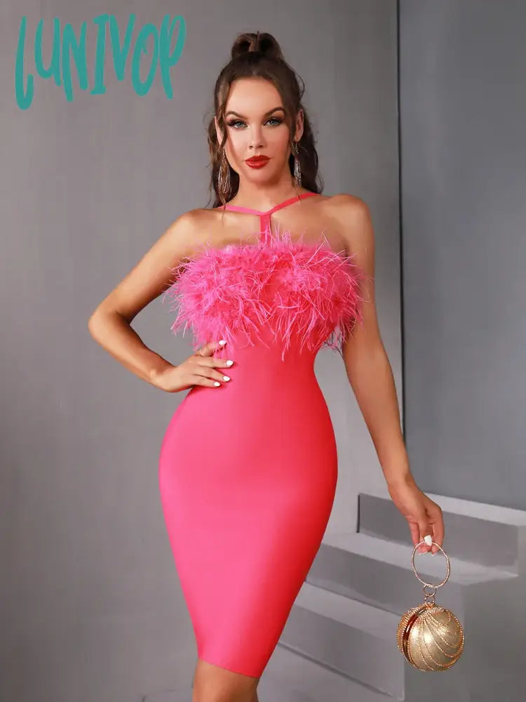 Lunivop Women Summer Fashion Sexy Cut Put Feather Hot Pink Mini Bodycon Bandage Dress Elegant Evening Club Party Dress Tunics Print Colorful