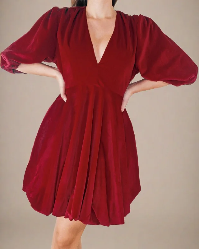 Clara Red Party Dress - Red Velvet Dress with Balloon Sleeves Tunics Sophisticated sleek