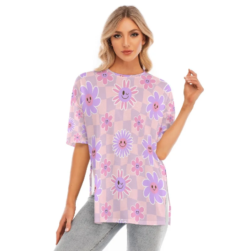 All-Over Print Women's Short Sleeves T-shirt With Hem Split Solid Print Embellished Solid Print Embellished